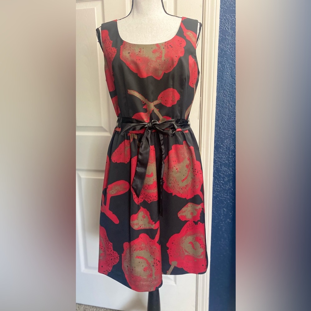 Black Midi Dress with Red Floral Print and Satin Waist Tie